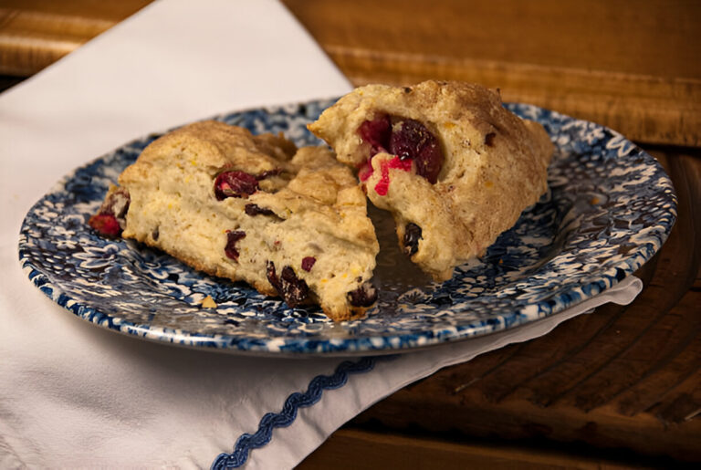 Two freshly baked scones with cranberries on a decorative blue plate