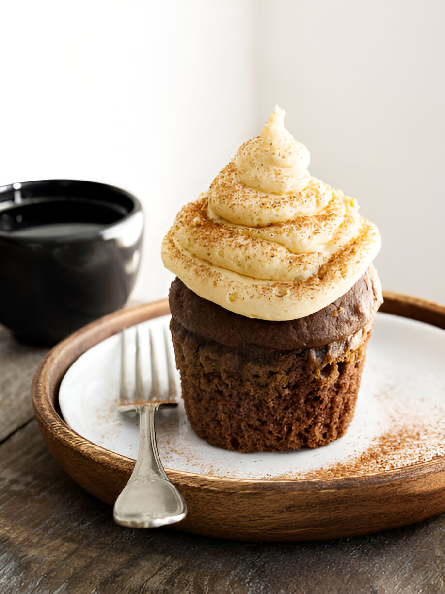 A delicious cupcake topped with creamy frosting, served on a wooden plate with a fork and a cup of coffee in the background.