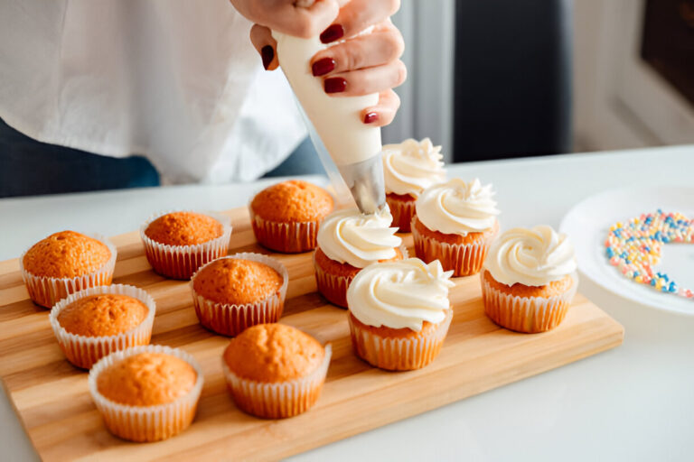 A person with red nail polish decorates cupcakes with white frosting using a piping bag.