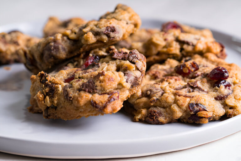 A plate of homemade oatmeal cookies with chocolate chips and cranberries.