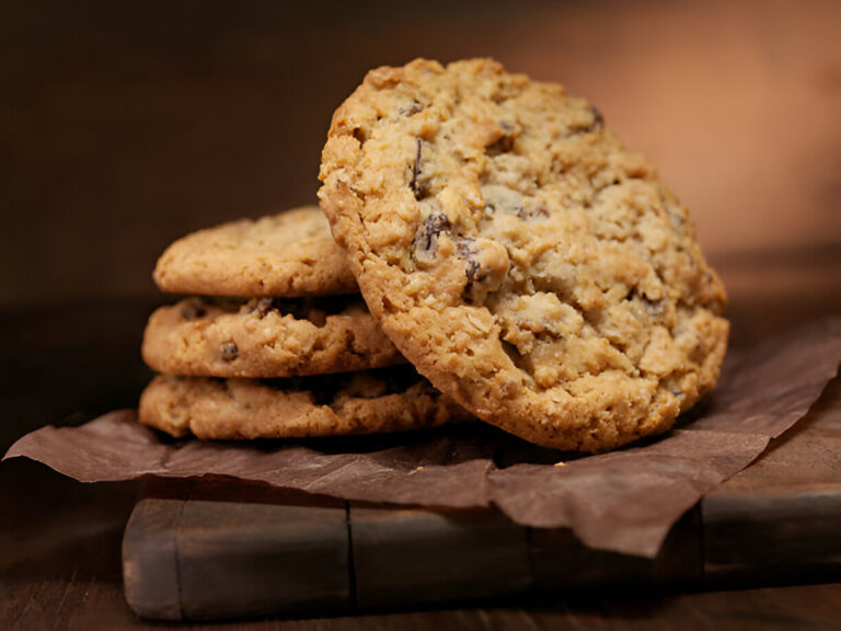 Three freshly baked oatmeal cookies stacked on parchment paper.