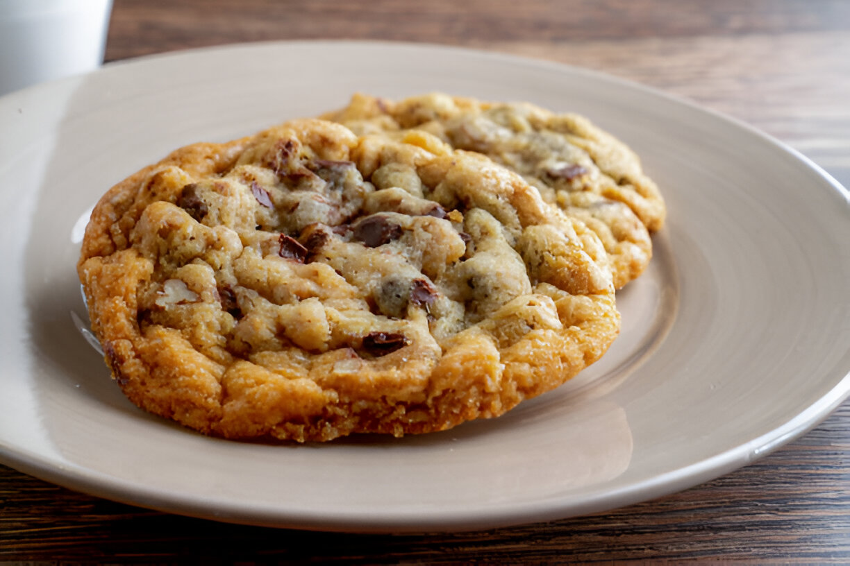 Two freshly baked cookies with chocolate chips on a beige plate