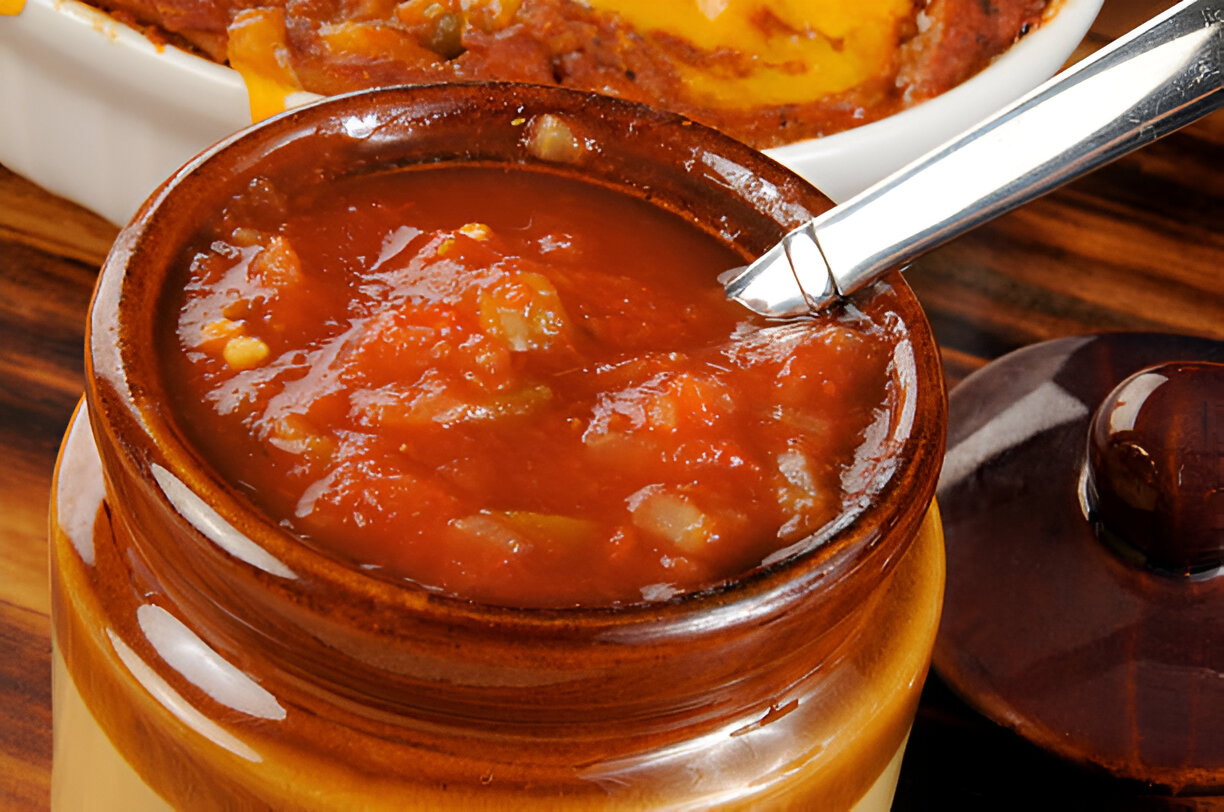 A close-up of a bowl of salsa with a spoon, with a serving of cheesy baked dish in the background.