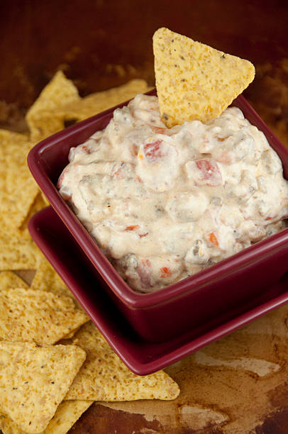 A bowl of creamy dip with a tortilla chip resting on top, surrounded by corn tortilla chips.