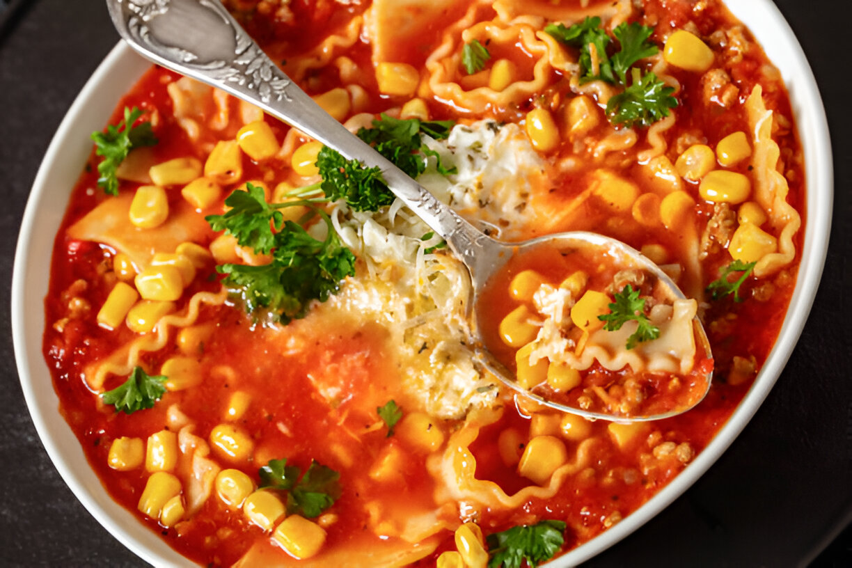 A bowl of colorful soup featuring corn, lasagna noodles, and herbs