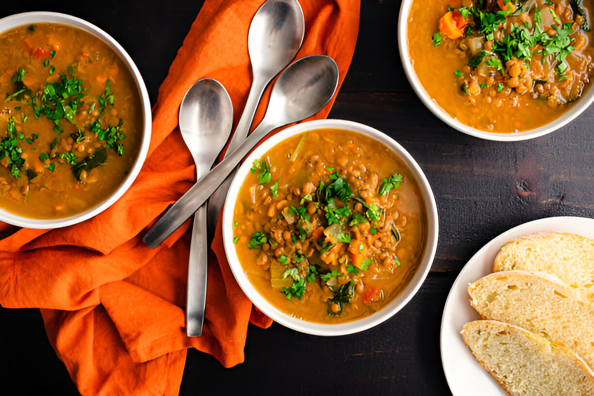 Three bowls of lentil soup garnished with cilantro, served with slices of bread on a white plate and an orange napkin.