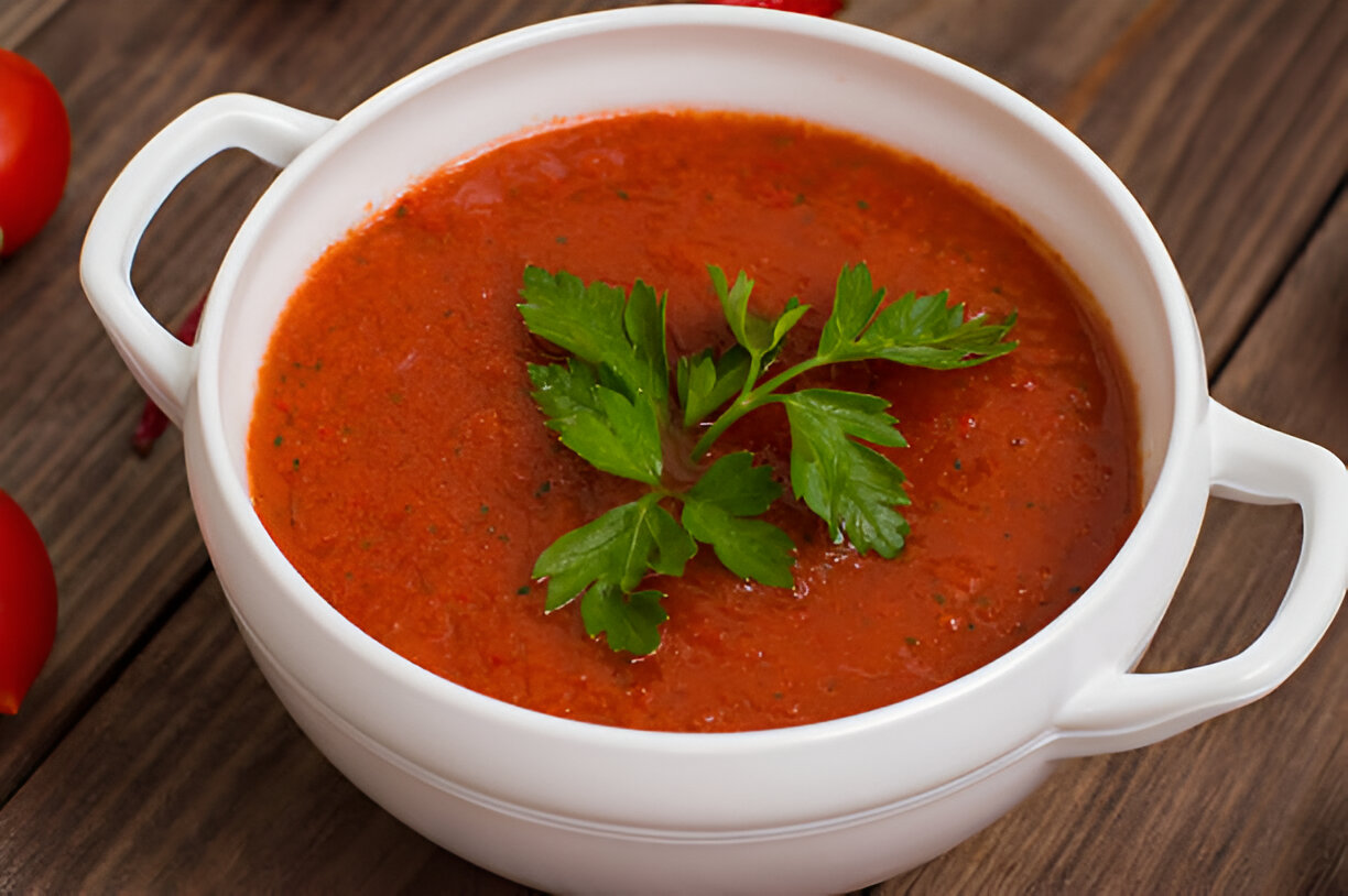 A bowl of tomato soup garnished with parsley on a wooden table