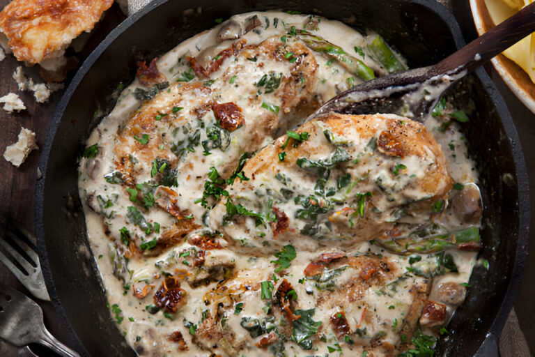 Creamy chicken dish served in a cast iron skillet with spinach, mushrooms, and topped with herbs.