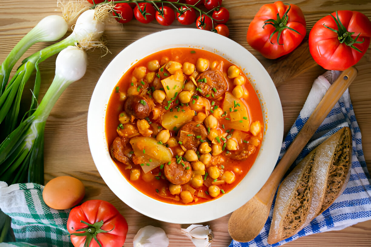 A hearty bowl of chickpea stew with potatoes and chorizo, surrounded by fresh vegetables and bread.