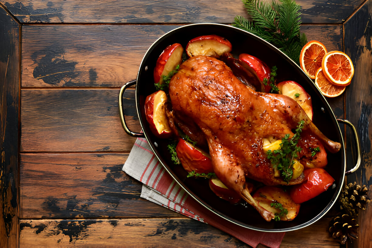 A roasted duck on a bed of sliced apples, garnished with herbs and surrounded by orange slices.