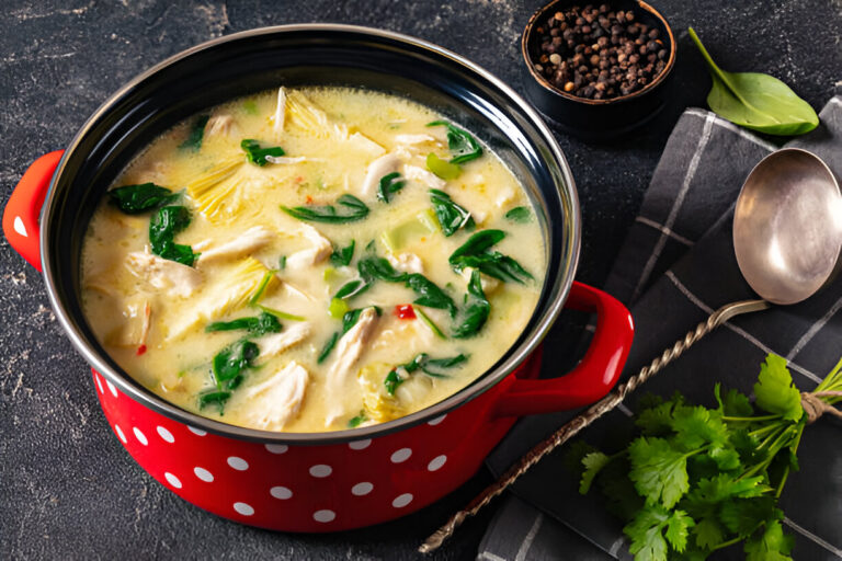 A vibrant red pot filled with creamy chicken soup containing spinach and seasonings on a dark surface.