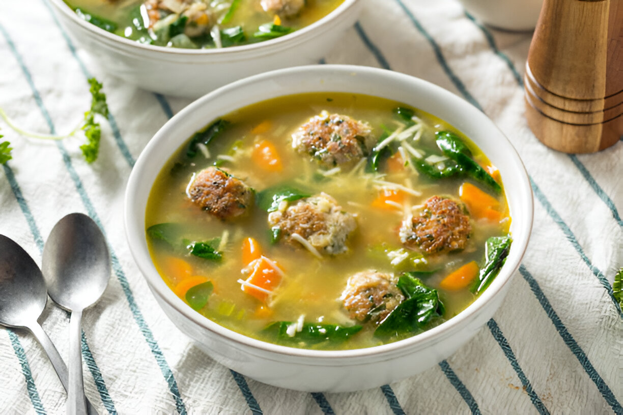 A bowl of hearty soup with meatballs, spinach, and carrots, served on a striped cloth.