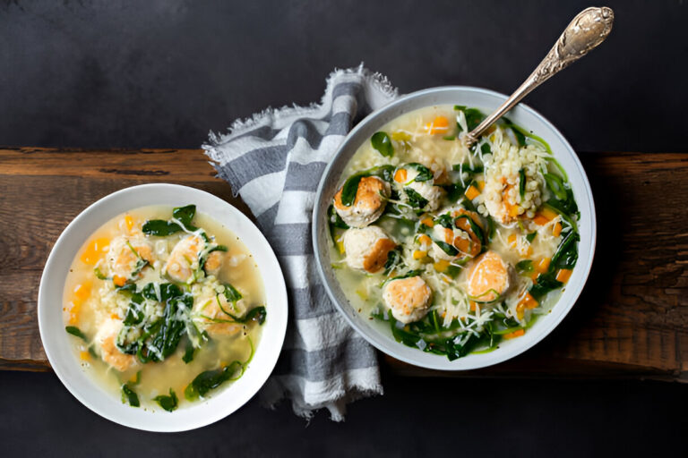 Two bowls of chicken and vegetable soup served on a wooden table with a striped napkin.