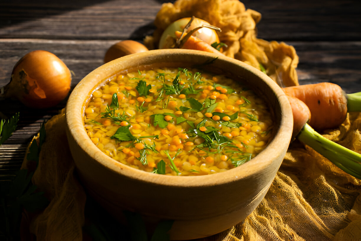 A bowl of yellow lentil soup garnished with fresh herbs on a wooden surface.