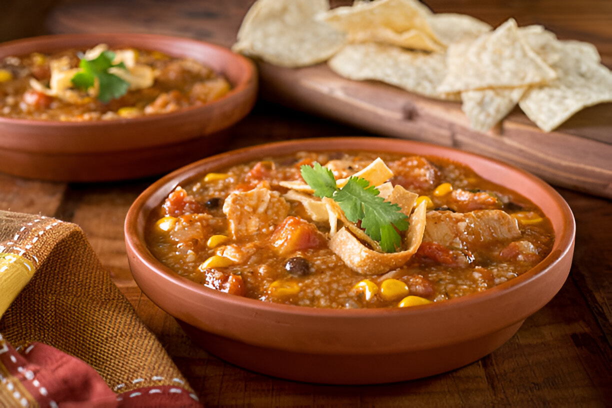 bowls of soup with tortilla strips and garnished with cilantro on a wooden table