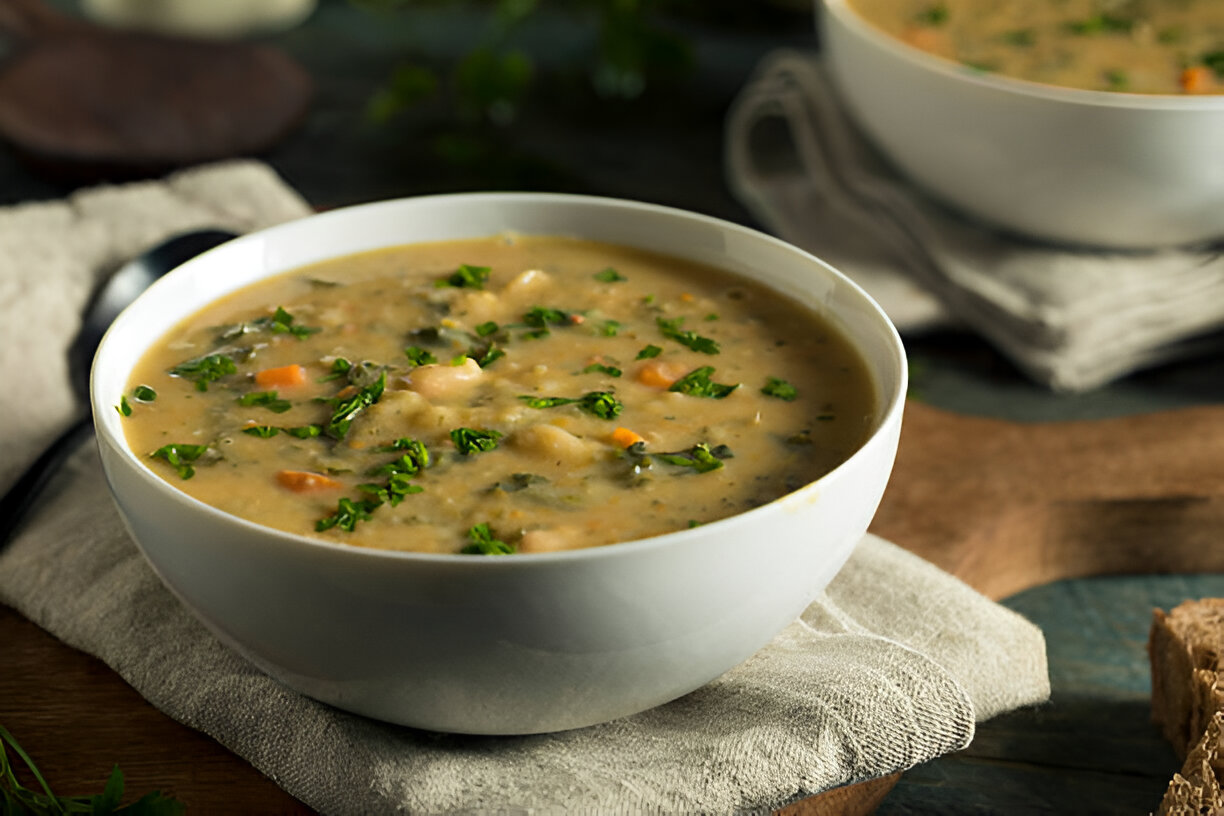 A close-up of a bowl of creamy soup garnished with chopped herbs and vegetables.