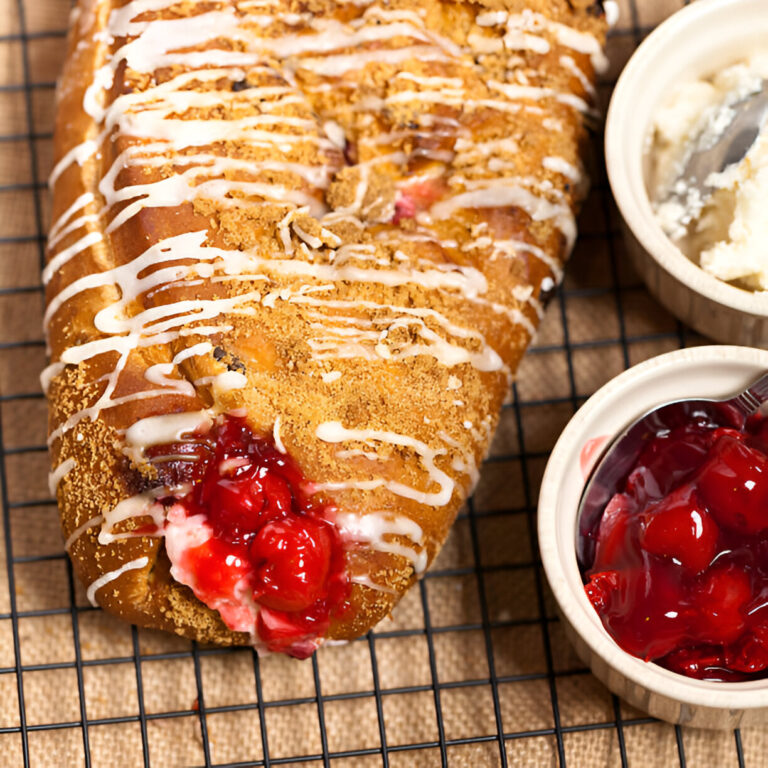 A delicious pastry topped with crumbly topping and icing, showcasing a cherry filling on a wire rack next to bowls of cherry topping and cream.