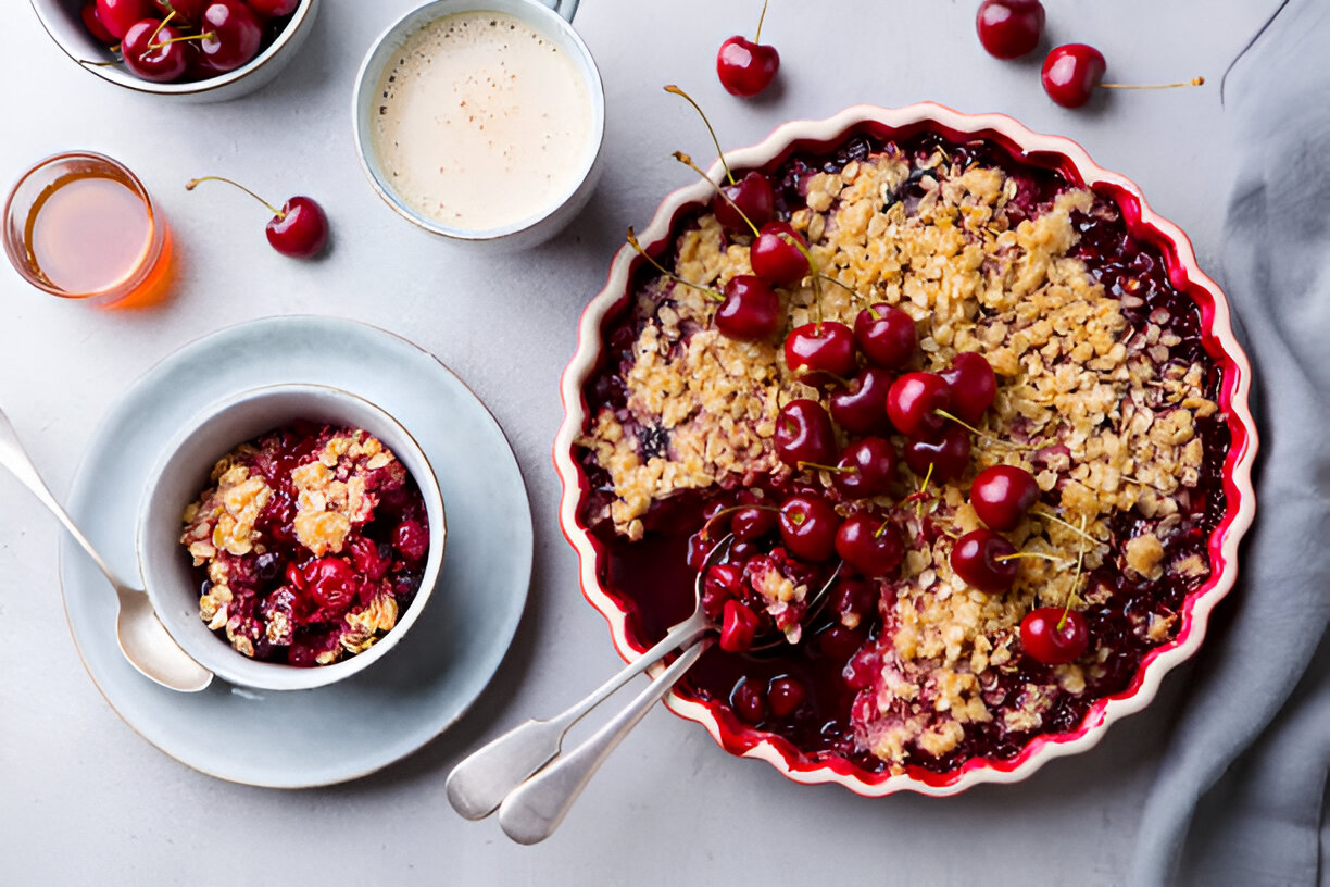 A delicious cherry crumble dessert in a red-rimmed dish surrounded by fresh cherries and a bowl of crumble.