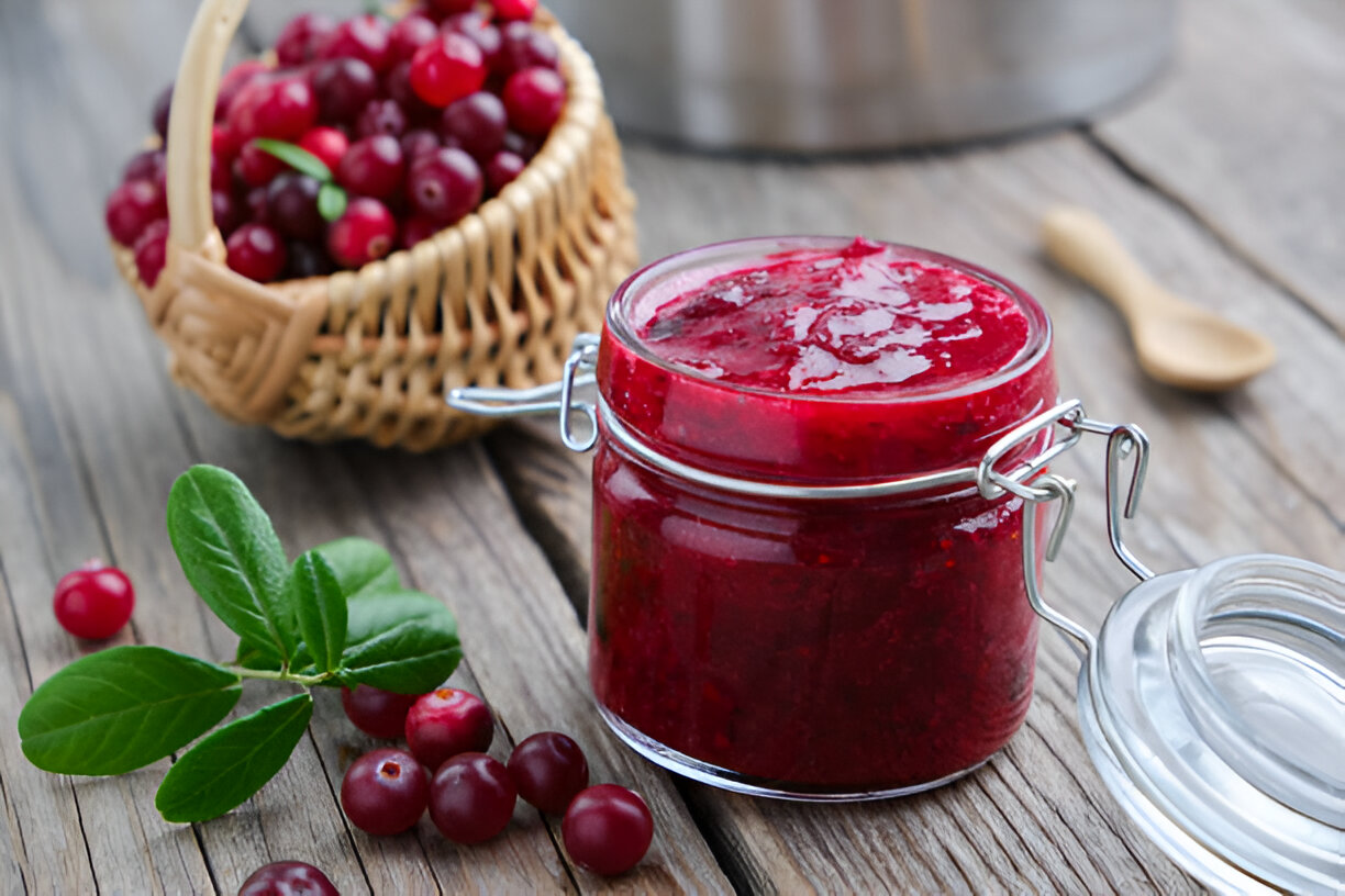 A jar of homemade cranberry jam next to fresh cranberries and a woven basket filled with cranberries.