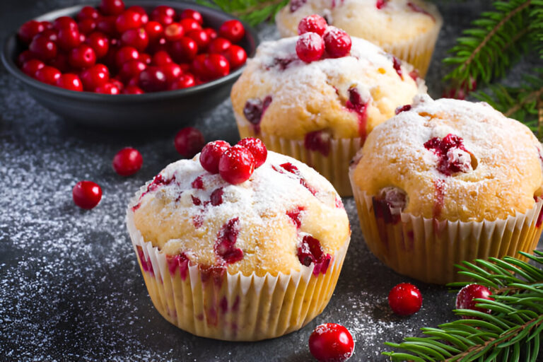 Four freshly baked cranberry muffins dusted with powdered sugar on a dark surface, surrounded by fresh cranberries and pine branches.