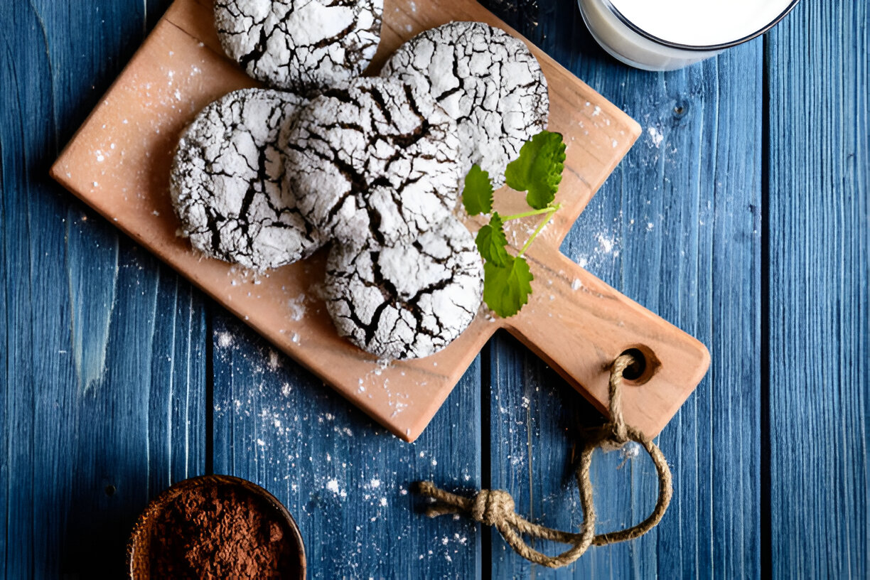 A wooden cutting board with cracked chocolate cookies dusted in powdered sugar, accompanied by a glass of milk and a bowl of cocoa powder on a blue wooden surface.