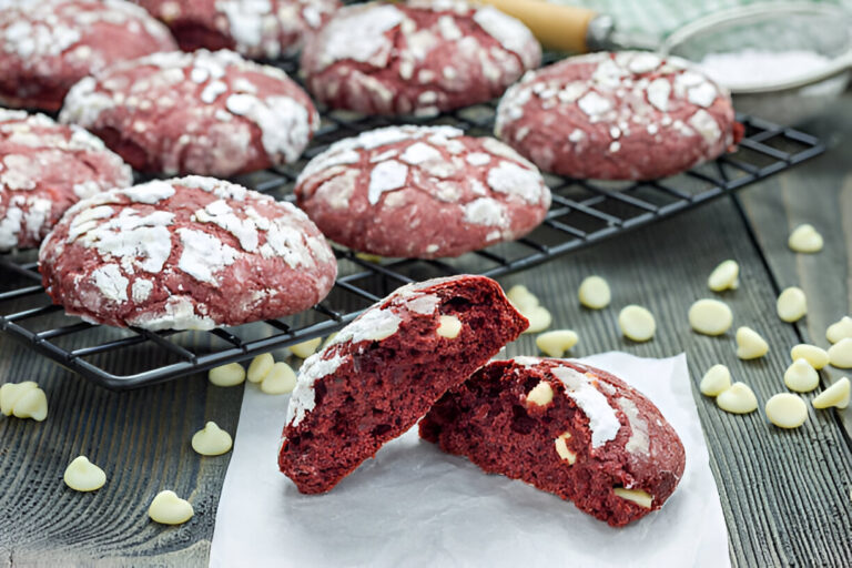 Freshly baked red velvet cookies with white chocolate chips, some on a cooling rack and one cookie split in half.