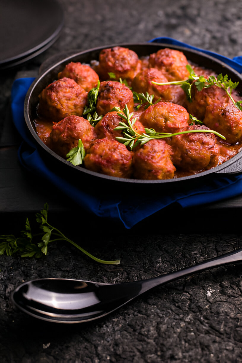 A cast-iron skillet filled with golden brown meatballs garnished with fresh herbs, resting on a blue cloth against a dark background.