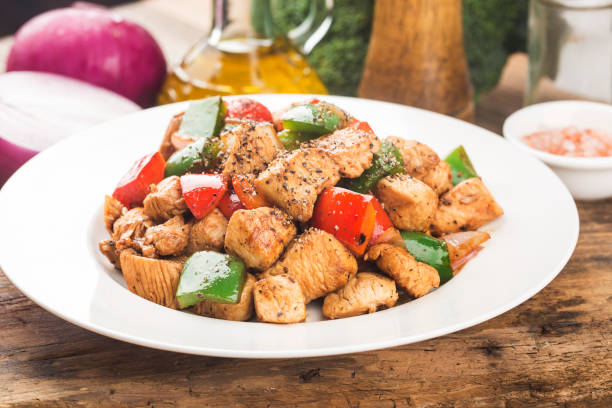 A plate of seasoned chicken cubes mixed with bell peppers and onions.