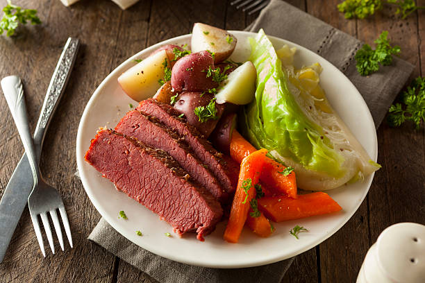 A plate of corned beef served with red and white potatoes, cabbage, and carrots on a wooden table.