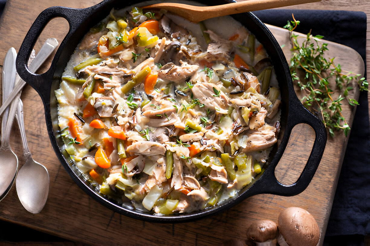 A hearty chicken and vegetable stew in a black cast iron pot on a wooden surface, garnished with fresh herbs.