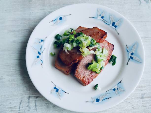 A plate of sliced meat topped with chopped green onions, served on a decorative plate