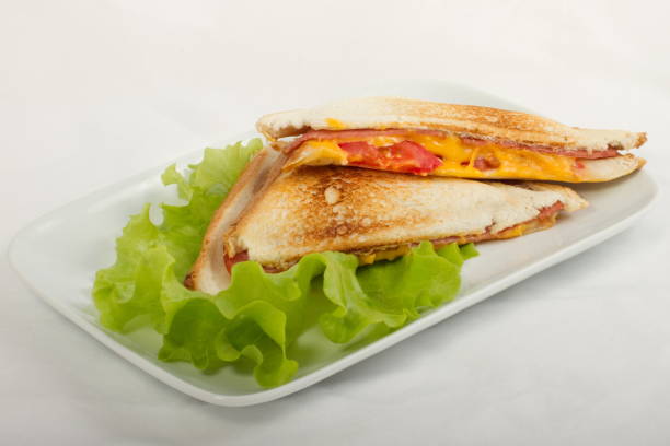 Close-up of a toasted sandwich with cheese and tomato served on a plate with lettuce.