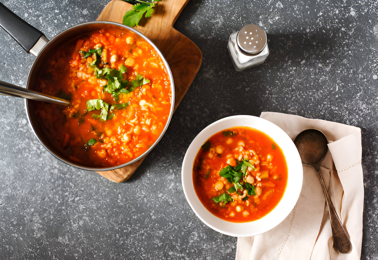 A vibrant pot of soup garnished with fresh cilantro, placed next to a bowl of the same soup on a dark textured surface.