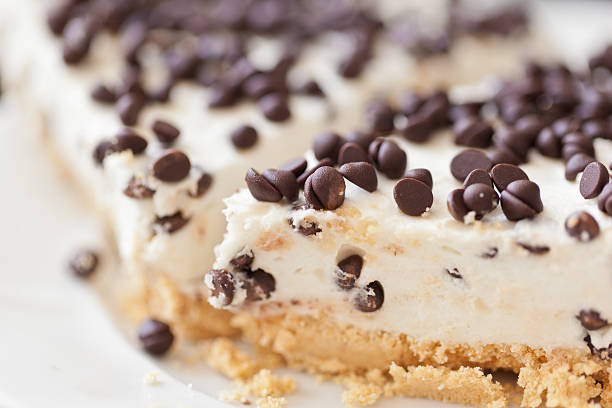 Close-up shot of a slice of dessert topped with chocolate chips.