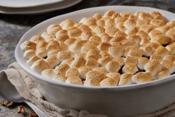 A baked dish topped with golden-brown toasted marshmallows.