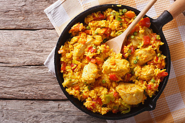 A cast iron skillet filled with seasoned rice and chicken, topped with diced vegetables.