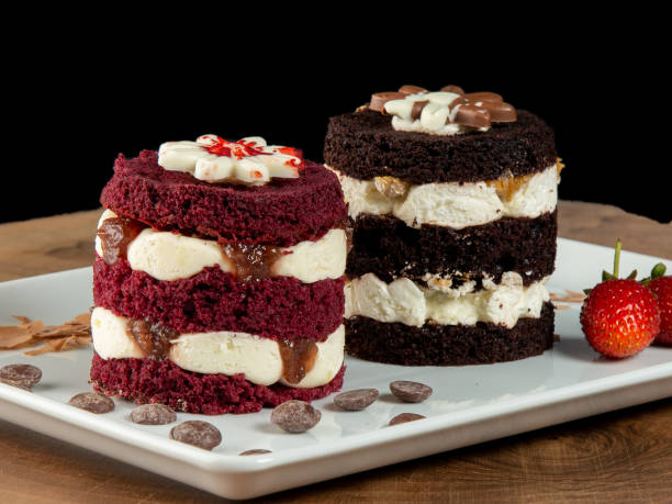 Two layered cakes on a white plate, one red velvet and one chocolate, with cream and garnishes.