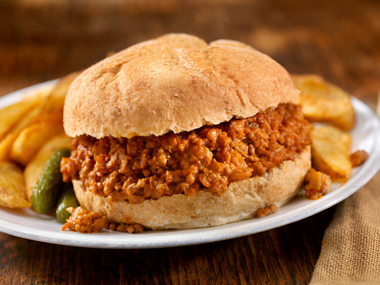 A delicious sloppy joe sandwich on a plate with side potato wedges and pickles.