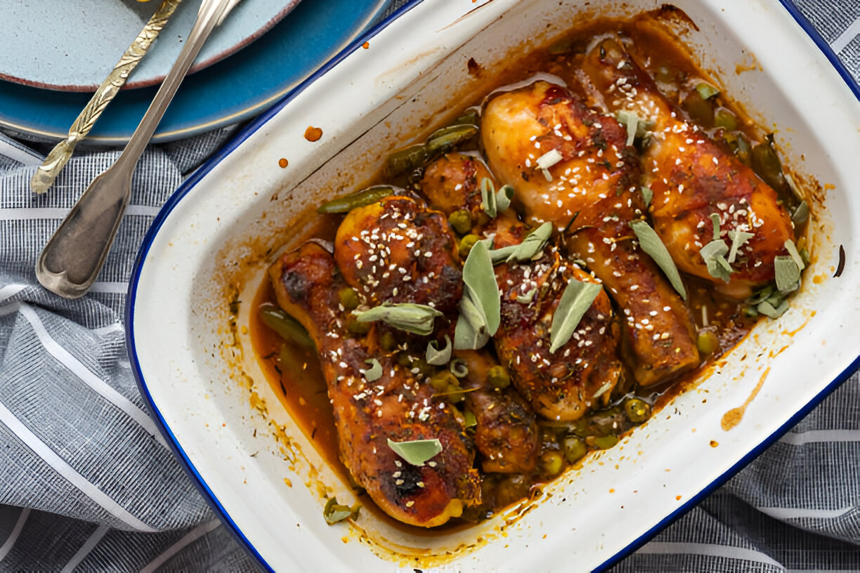 A dish of roasted chicken with vegetables and garnishes, served in a white enamel baking dish.