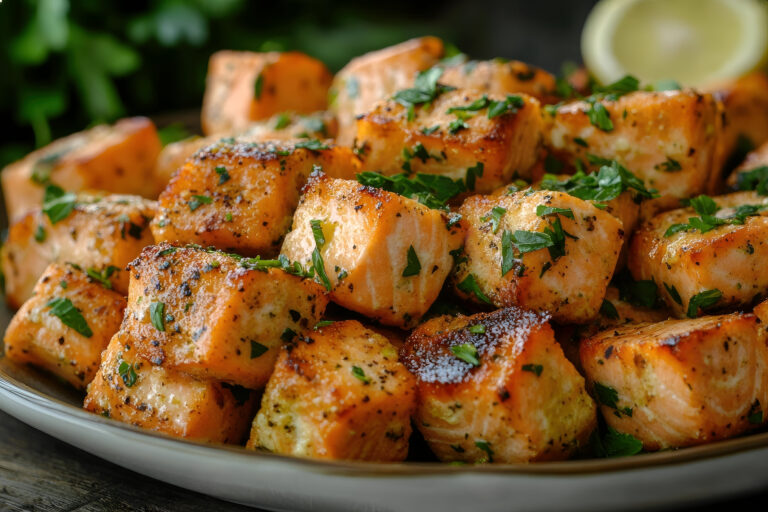 A plate of perfectly cooked salmon cubes garnished with fresh parsley.