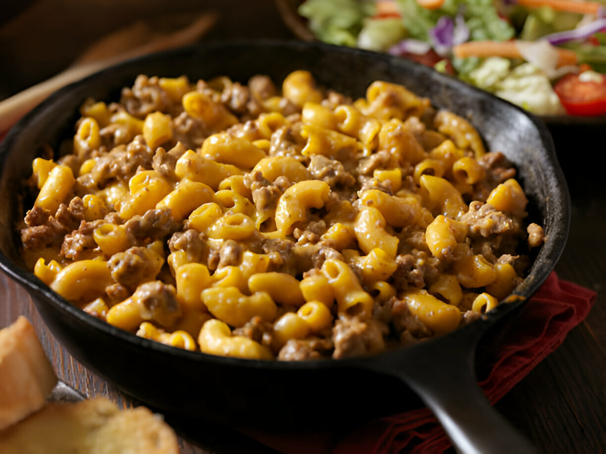 A cast iron skillet filled with creamy macaroni and cheese mixed with ground beef, accompanied by a side of salad and bread.