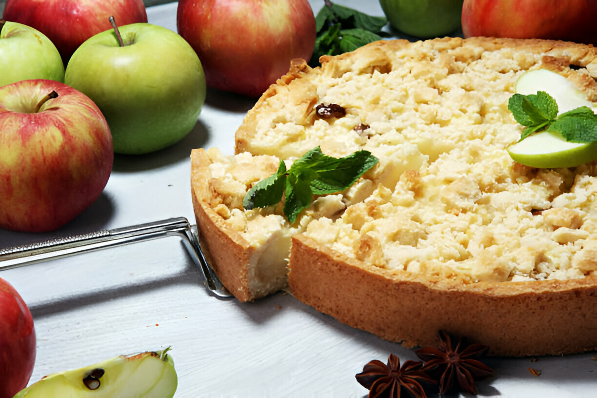 A slice of apple pie with crumbled topping, surrounded by fresh apples and mint leaves.