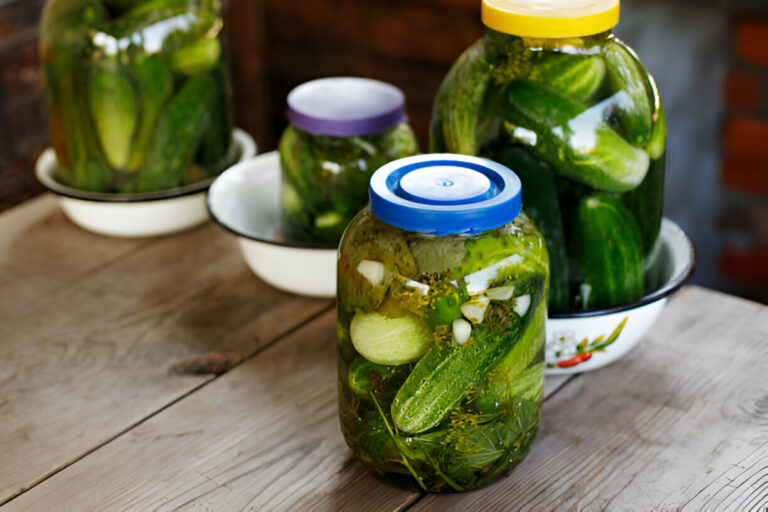 Several jars filled with pickled cucumbers on a rustic wooden table.