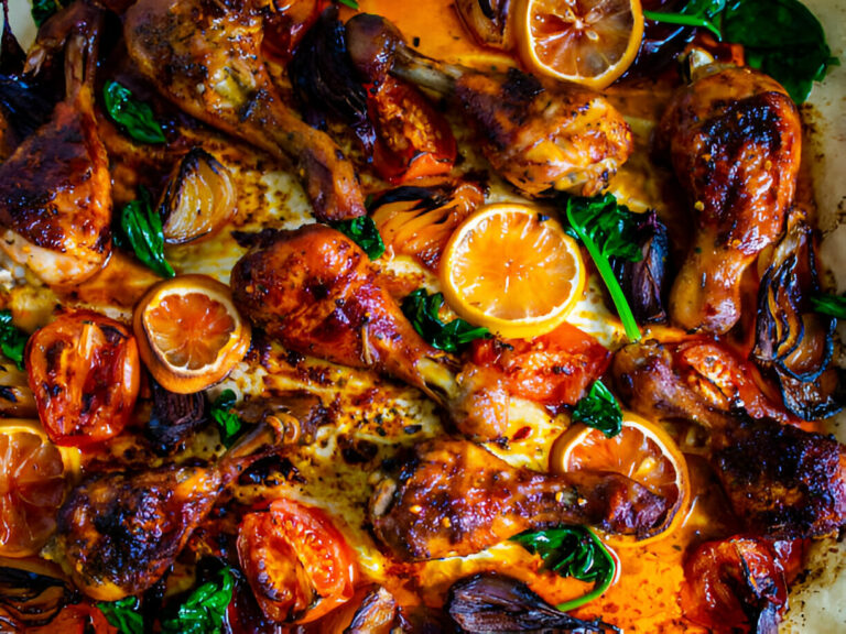 A colorful array of roasted chicken drumsticks garnished with orange slices, fresh greens, and roasted tomatoes.