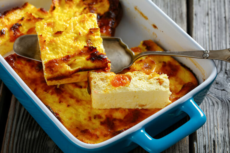 A serving dish containing golden baked custard with a spatula lifting a slice.