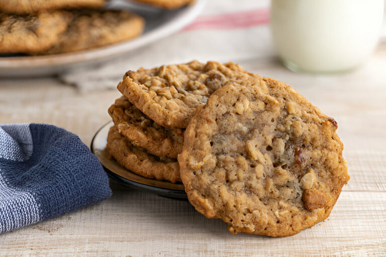 A plate of oatmeal cookies stacked on a wooden surface with a blue cloth and a glass of milk in the background.