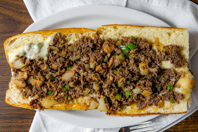 Close-up of a delicious cheesesteak sandwich on a white plate, featuring ground beef, onions, and green peppers inside a hoagie roll.