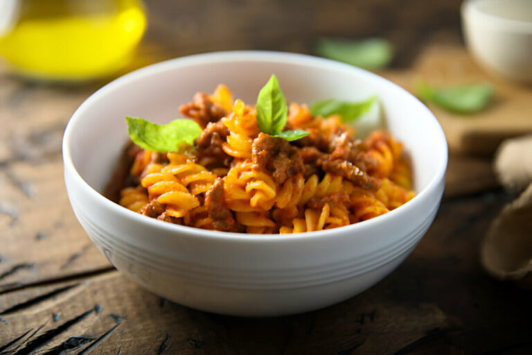 A white bowl filled with spiral pasta topped with meat sauce and fresh basil leaves, placed on a rustic wooden surface.