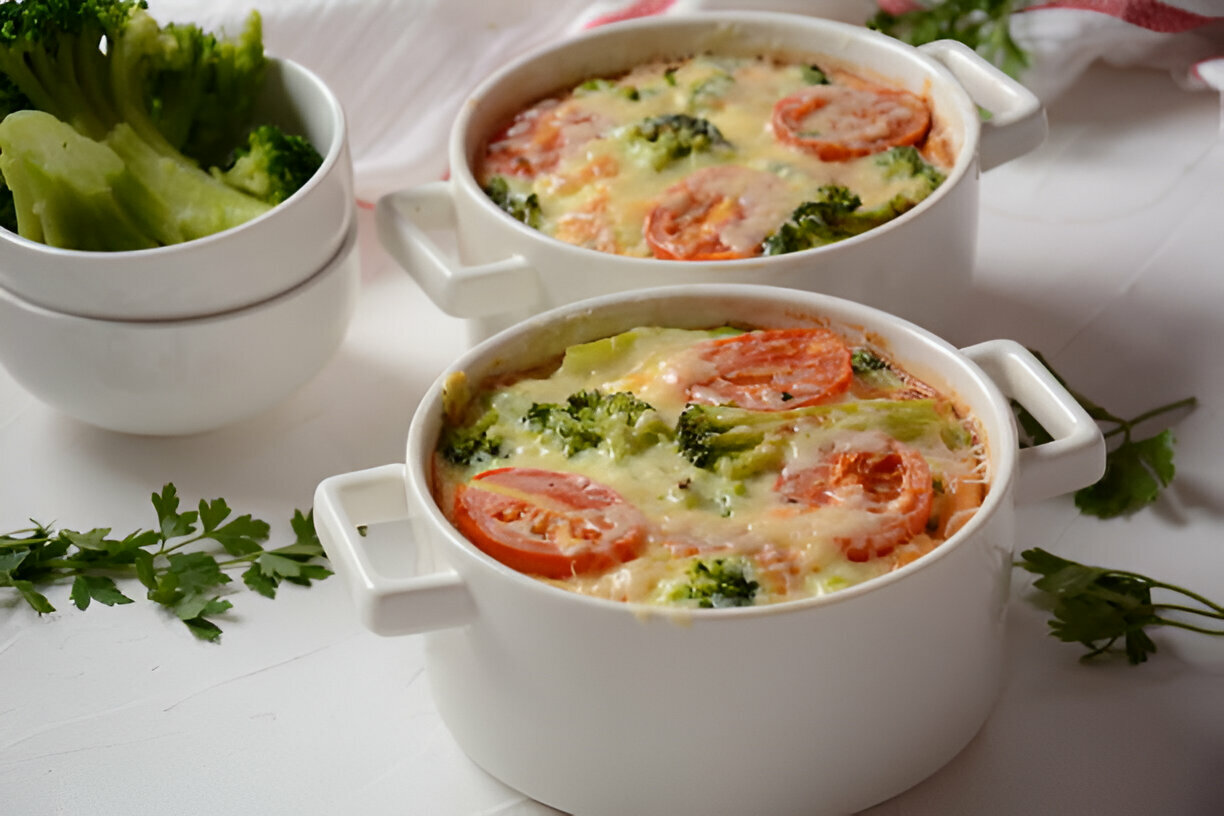 Two baked dishes filled with broccoli and tomato, topped with melted cheese, alongside a bowl of fresh broccoli and garnished with parsley.