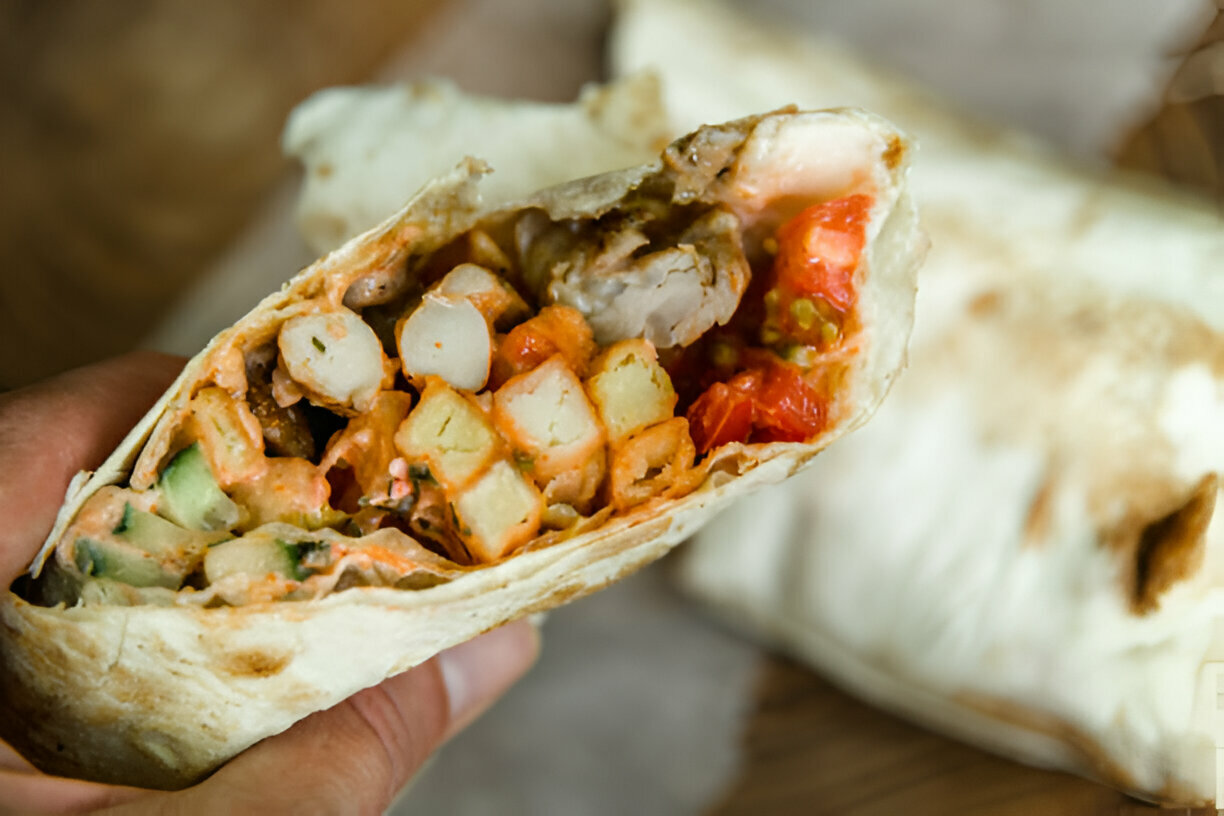 Close-up of a hand holding a burrito, showcasing its vibrant filling of meats, vegetables, and sauces.